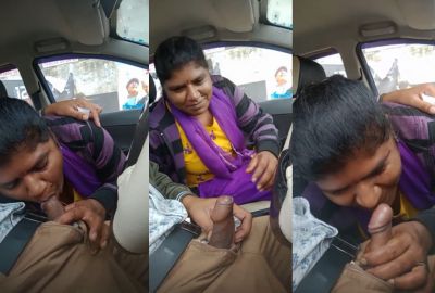 Telugu woman gives a desi blowjob to her man in a car